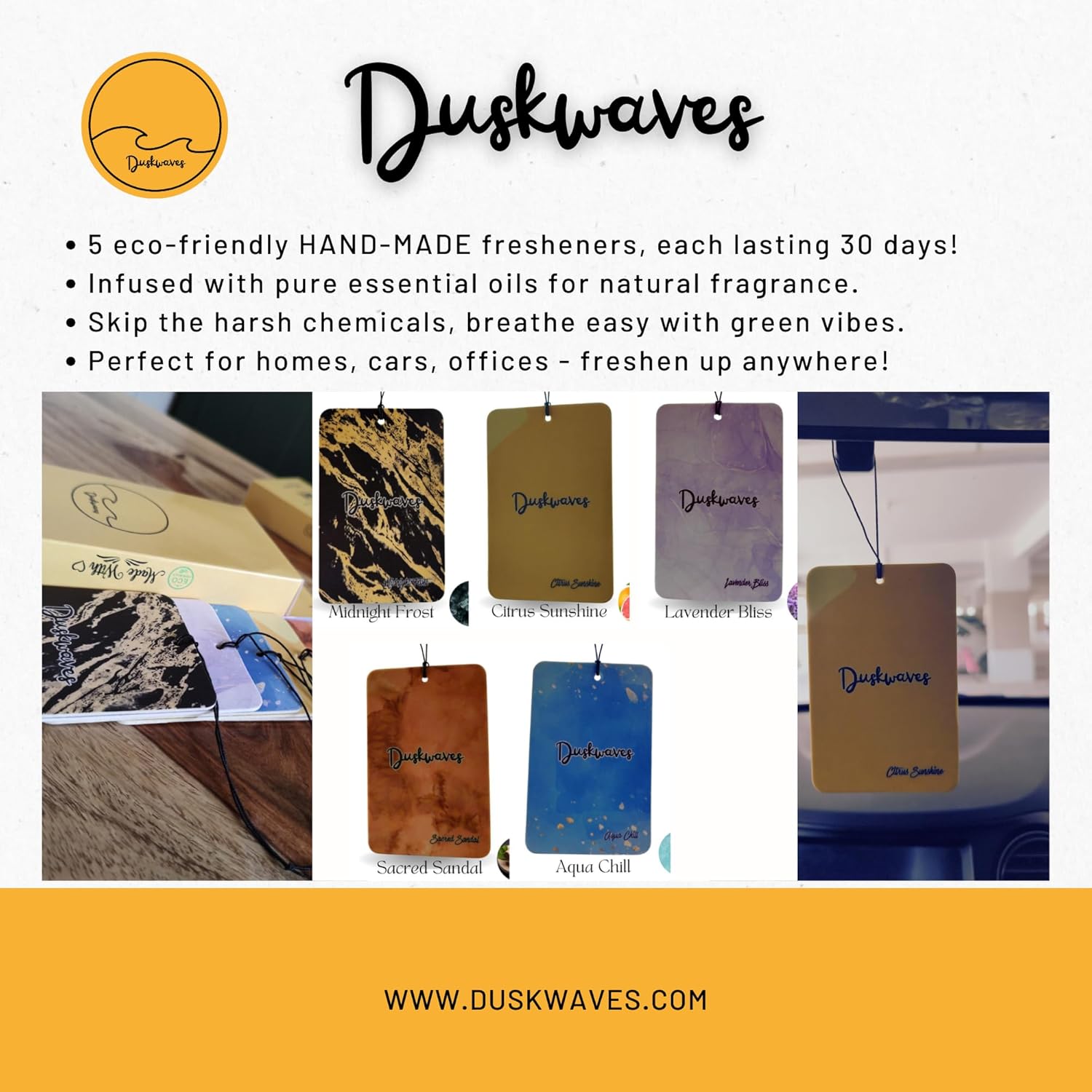 DuskWaves Deluxe Long-Lasting Eco-Friendly Handcrafted Car Air Fresheners - Set of 5 | Premium Hanging Essential Oil-Scented Fresheners | Featuring Citrus, Aqua, Lavender, Black Ice, and Sandal Scents - Image 4