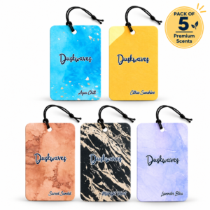 DuskWaves Premium Car Air Fresheners – Pack of 5 (Citrus, Aqua, Lavender, Black Ice & Sandal)