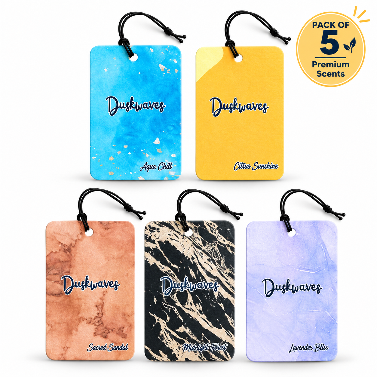 DuskWaves Premium Car Air Fresheners – Pack of 5 (Citrus, Aqua, Lavender, Black Ice & Sandal)